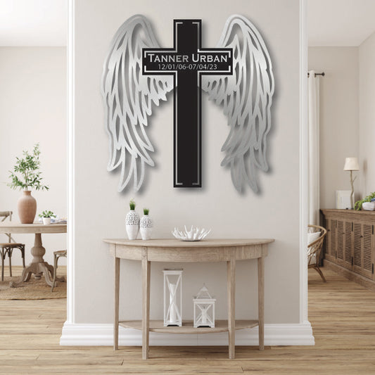 Personalized Metal Angel Wings Memorial Cross | Custom Grave Marker | Sympathy Gift | Cemetery Memorial Sign