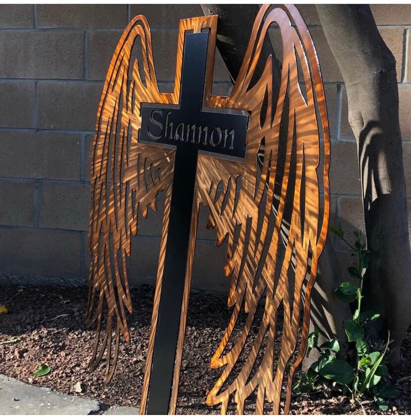 In Memory Metal Angel Wings Cross Custom Name