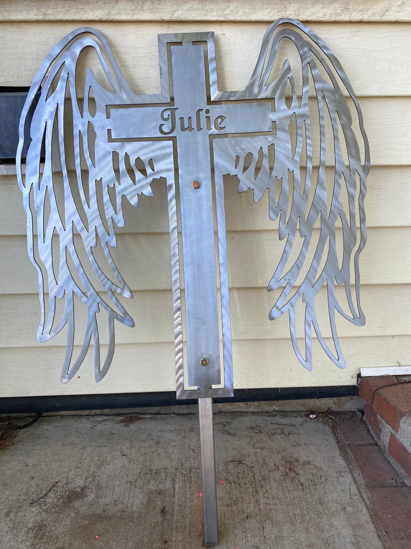 In Memory Metal Angel Wings Cross Custom Name